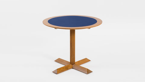reddie-raw round 60dia x 75H *cm / Laminate with Solid Reclaimed Teak Wood Edge~Royal Blue / Solid Reclaimed Teak Wood~Oak Andi Pedestal Table Wood