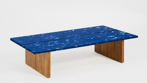 reddie-raw outdoor coffee table ( 60W x 120D x  35H) *cm / Recycled Plastic~Blueberry / Solid Reclaimed Teak Wood~Natural Bob Recycled Plastic Coffee Table