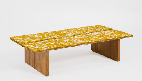 reddie-raw outdoor coffee table ( 60W x 120D x  35H) *cm / Recycled Plastic~Cornflour / Solid Reclaimed Teak Wood~Natural Bob Recycled Plastic Coffee Table