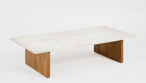 reddie-raw outdoor coffee table ( 60W x 120D x  35H) *cm / Recycled Plastic~Pearl / Solid Reclaimed Teak Wood~Natural Bob Recycled Plastic Coffee Table