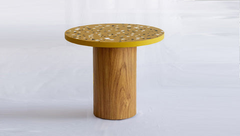 reddie-raw round 90dia x 76H *cm / COMBO~Ochre / Solid Reclaimed Teak Wood~Natural Dora Drum Table Round