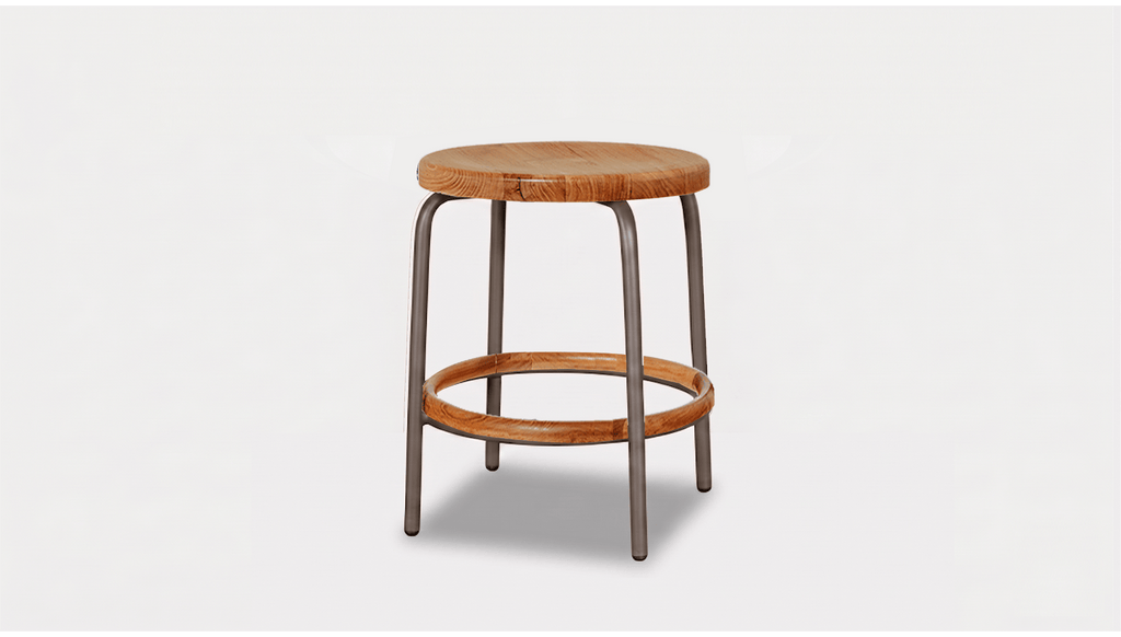reddie-raw stool 35dia x 45H / Solid Reclaimed Teak Wood~Natural / Metal~Grey Milton Low Stool - Wood