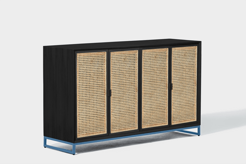 reddie-raw storage cupboard 150W x 45D x 90H *cm / Wood Teak~Black / Metal~Blue NCW Rattan Buffet Storage Unit