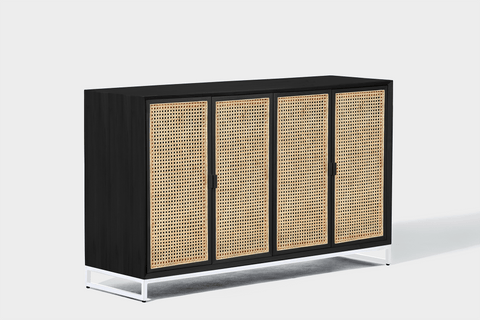 reddie-raw storage cupboard 150W x 45D x 90H *cm / Wood Teak~Black / Metal~White NCW Rattan Buffet Storage Unit