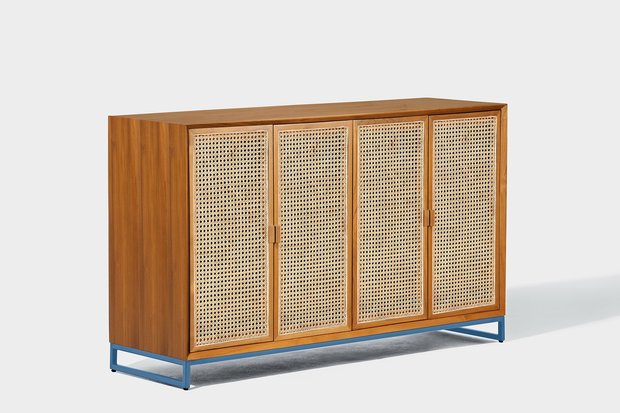 reddie-raw storage cupboard 150W x 45D x 90H *cm / Wood Teak~Natural / Metal~Blue NCW Rattan Buffet Storage Unit
