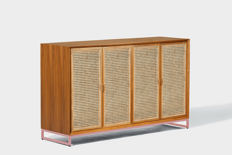reddie-raw storage cupboard 150W x 45D x 90H *cm / Wood Teak~Natural / Metal~Pink NCW Rattan Buffet Storage Unit
