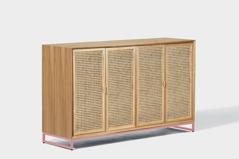 reddie-raw storage cupboard 150W x 45D x 90H *cm / Wood Teak~Oak / Metal~Pink NCW Rattan Buffet Storage Unit